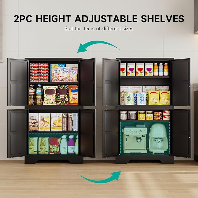 SISESOL Black Storage Cabinet with 4 Doors and 2 Adjustable Shelves,Farmhouse Food Pantry Cabinets,Small Bathroom Cabinet,4 Tier Metal Storage Cabinets for Home Kitchen,Dining/Living/Laundry/Room