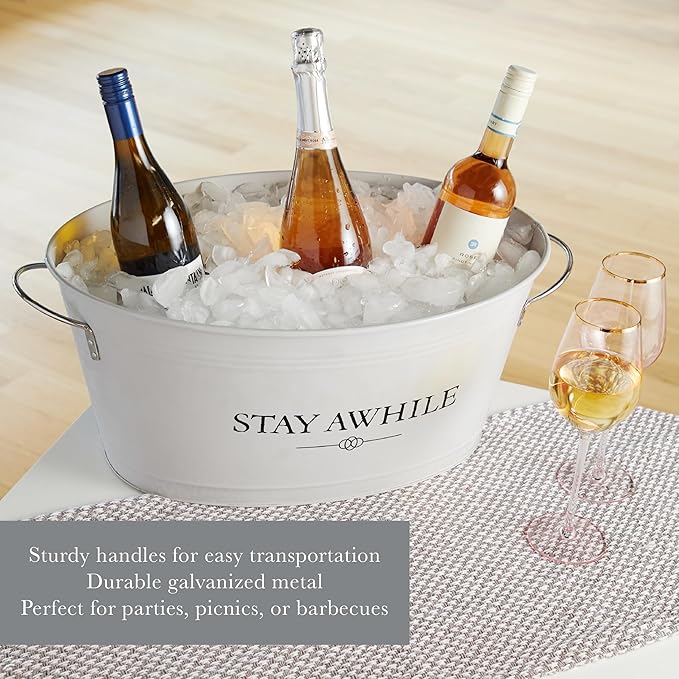 Twine Stay Awhile White Painted Galvanized Ice Bucket & Metal Tub - Beverage Ice Barrel Tub for Parties in 6.3-Gallon Capacity
