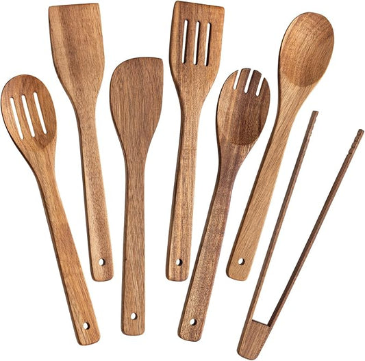Wooden Spoons for Cooking 7-Piece, Kitchen Nonstick Wood Cooking Utensils Set, Durability Wooden Spatula Spoon for Everyday Use, Brown
