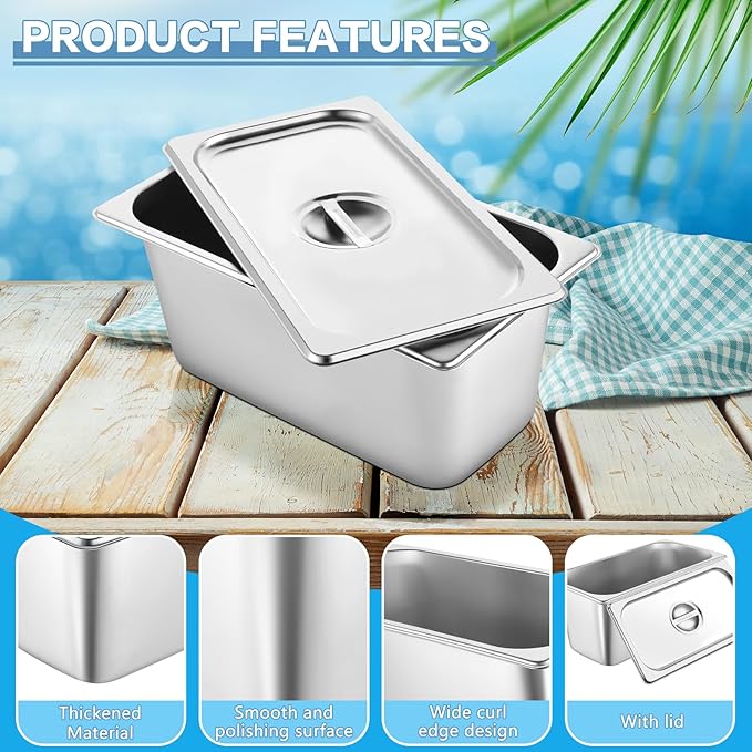 4 Pack hotel pans with lids 1/3 Size x 6 Inch Deep stainless steel steam table pan Commercial Gauge restaurant supplies Anti Rust metal food containers Catering storage for Party, Buffet, Home