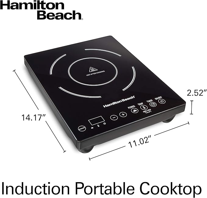 Hamilton Beach Portable Single Induction Cooktop Countertop Burner Hot Plate with Fast Heating Mode, 1800 Watts, 10 Temperature Settings up to 450F, Black (34104)