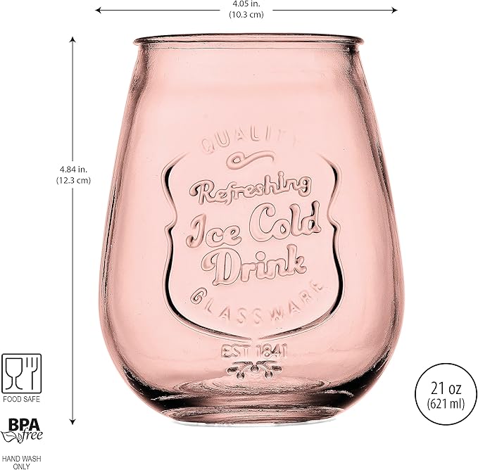 Wine Glasses Set Of 4 Assorted Colored Stemless Glasses 21 OZ. Original Mason Large Wine Cup, Red and White Wine Drinking Water Glasses. Juice, Cocktails, Smoothies, Vintage Bar