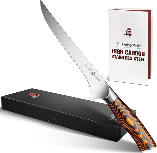 TUO Boning Knife, 7 inch Sharp Fillet Knife for Trimming Meat with Bones, Woodgrain Pakkawood Handle, High Carbon German Steel, Gift Box Included