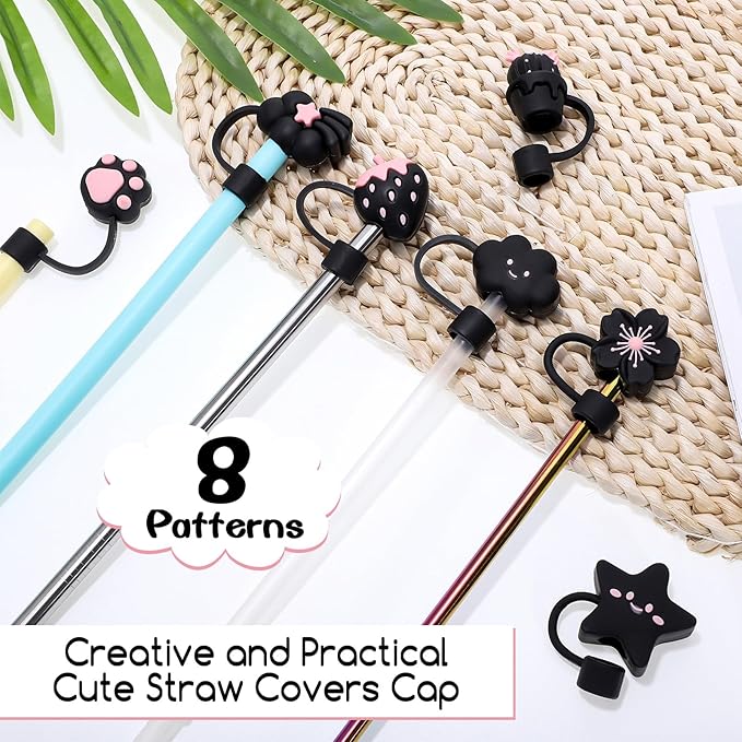 Black Straw Covers Cap for Stanley Cup, 8 Pcs Straw Toppers for Stanley 30&40 Oz Tumbler, Cute Straw Caps Reusable Straw Tips Protectors for 0.4 Inch/10 mm Stanley Cup Accessories