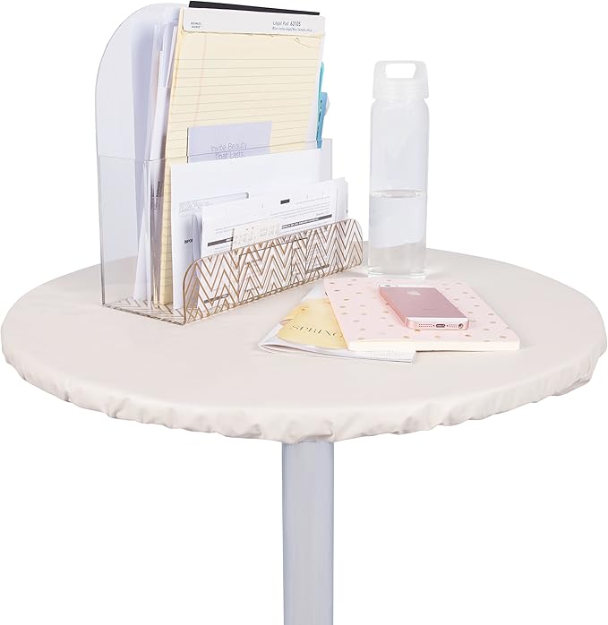 Yourtablecloth Heavy Duty Vinyl Round Fitted Tablecloth (Table Cover) with Flannel Backing Vibrant Colors Elasticized Tablecloth Great for Indoor and Outdoor Dining and Playing Cards 48” Sand