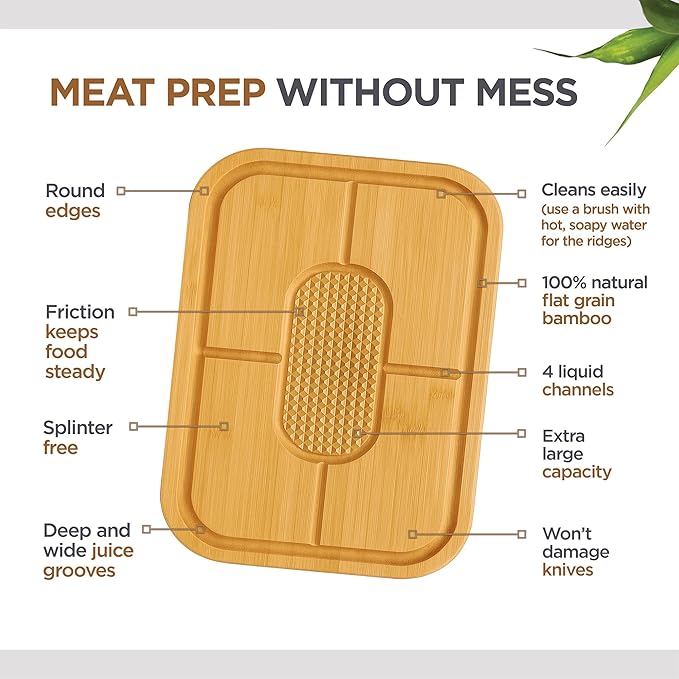 Turkey Platter for Thanksgiving - 18x12 Reversible Bamboo Carving Cutting Board for BBQ or Grilling - Heavy Duty Butcher Block with Deep Juice Groove, Spikes, Grid Grip - Large Kitchen Christmas Gift