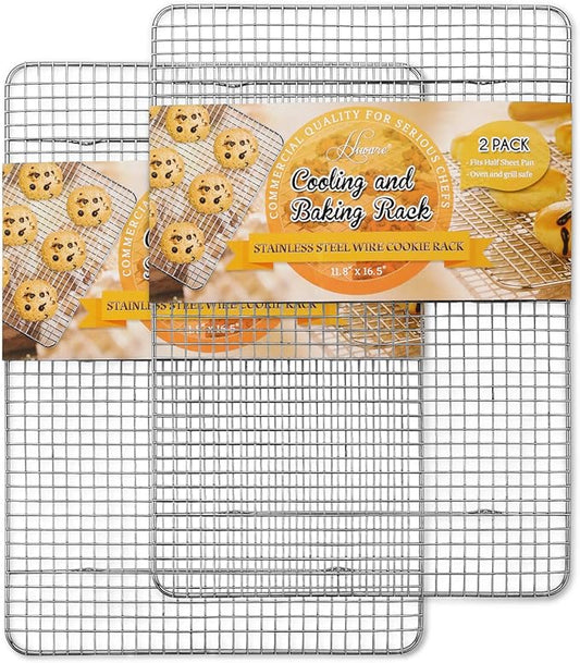 Hiware 2-Pack Cooling Racks for Baking, Stainless Steel Wire Rack Baking Rack Oven Rack Cookie Rack, Oven Safe, Rust-Resistant Rack for Cooking, Baking, Roasting and Grilling - Fit Half Sheet Pan