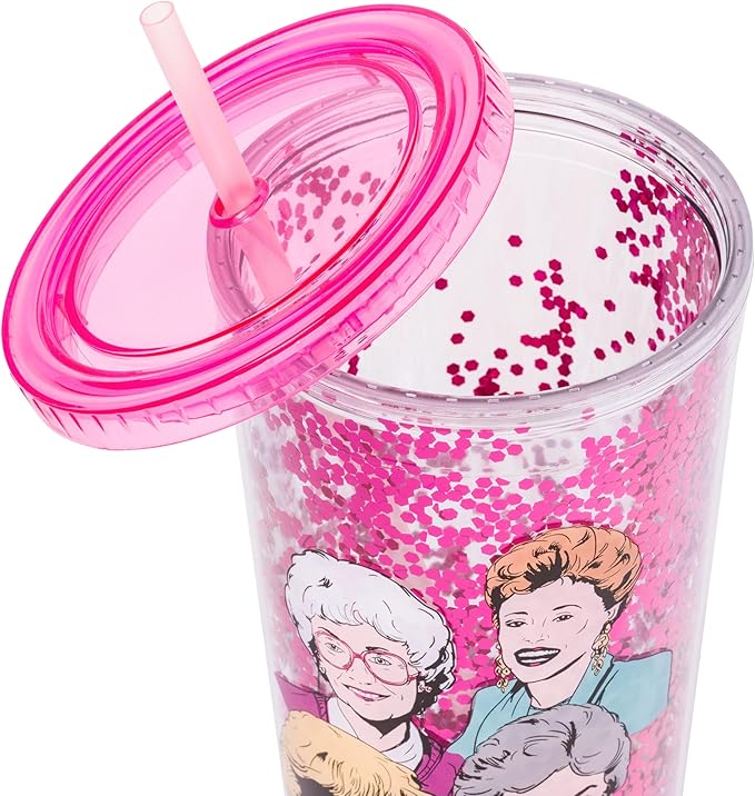 Silver Buffalo The Golden Girls Featuring Blanche, Sophia, Dorothy, and Rose Plastic Confetti Cold Cup with Lid and Straw, 32 Ounces
