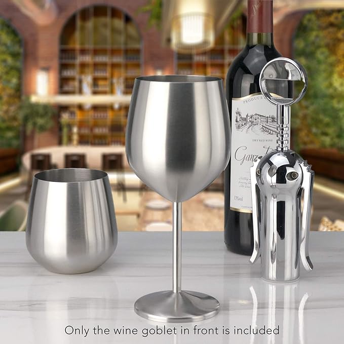 PG Set of 4 Stainless Steel Wine Glass - 18.5oz Silver Brush Finished Wine Glasses - Unbreakable Wine Glasses - Stem Metal Wine Goblets