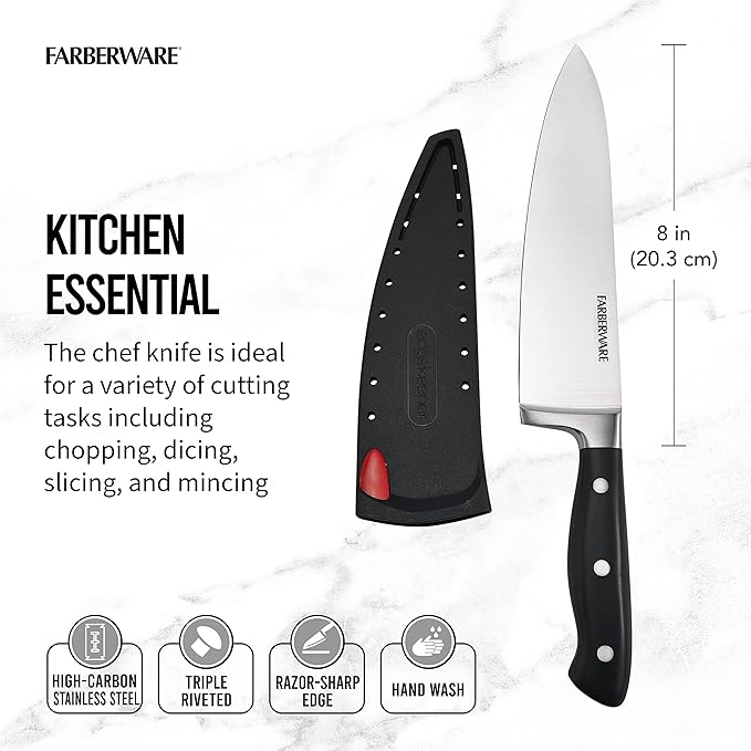 Farberware Edgekeeper 8-Inch Forged Triple Riveted Chef Knife with Self-Sharpening Blade Cover, High Carbon-Stainless Steel Kitchen Knife with Ergonomic Handle, Razor-Sharp Knife, Black