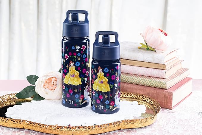 Simple Modern Kids Summit Water Bottle with Straw Lid | Disney Princess Belle 14oz Stainless Steel Cup Insulated Tumbler for Girls, School | Belle's Garden