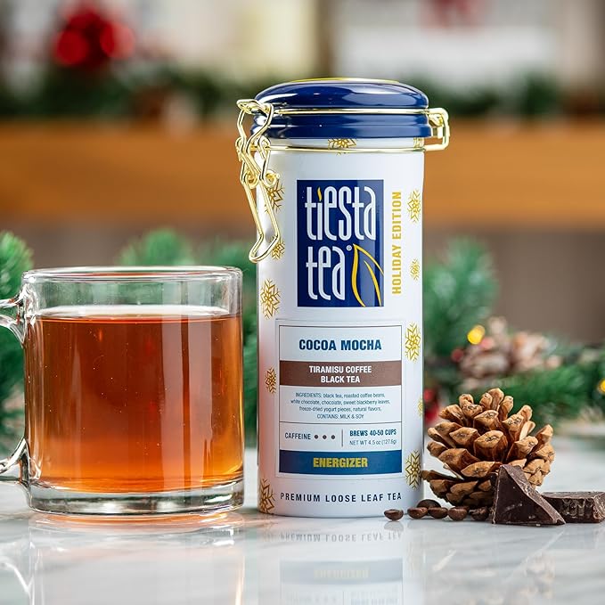 Tiesta Tea - Holiday Loose Leaf Tin Gift Box, High to Non Caffeinated Tea Variety Pack, Make Hot & Iced, 3 Tins of Assorted Holiday Blends, Fireside Spice, Peppermint Cocoa & Cocoa Mocha
