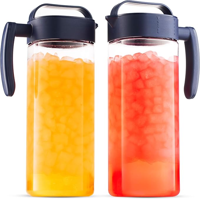 Komax Set of 2 Plastic Water Pitcher with Lid – BPA-Free & Iced Tea Microwave Dishwasher Safe Tea, Sangria, or Juice Containers Lids for Fridge (2.1 Qt), Clear & Blue