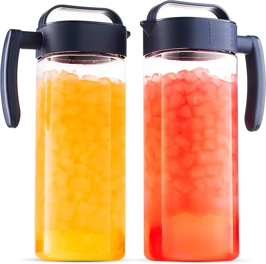 Komax Set of 2 Plastic Water Pitcher with Lid – BPA-Free & Iced Tea Microwave Dishwasher Safe Tea, Sangria, or Juice Containers Lids for Fridge (2.1 Qt), Clear & Blue