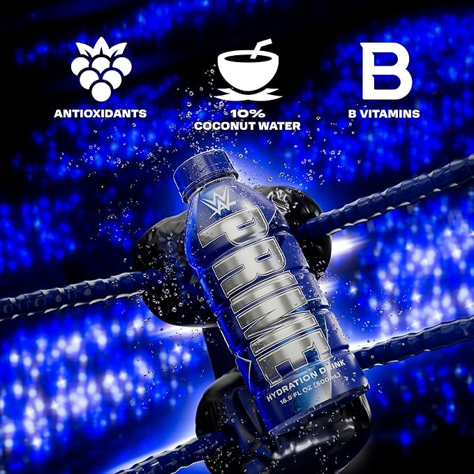 PRIME Hydration, WWE Sports Drinks, Electrolyte Enhanced for Replenishing Fluids, 250mg BCAAs, B Vitamins, Antioxidants, Low Sugar, 16.9 Fl Oz, 12 Pack