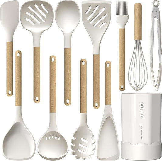 Silicone Cooking Utensils Set, 446°F Heat Resistant Silicone Kitchen Utensils for Nonstick Cookware, Kitchen Gadgets Spatula Set, Spoon, Turner, Tongs, Ladle, Whisk, BPA FREE (Cream White)
