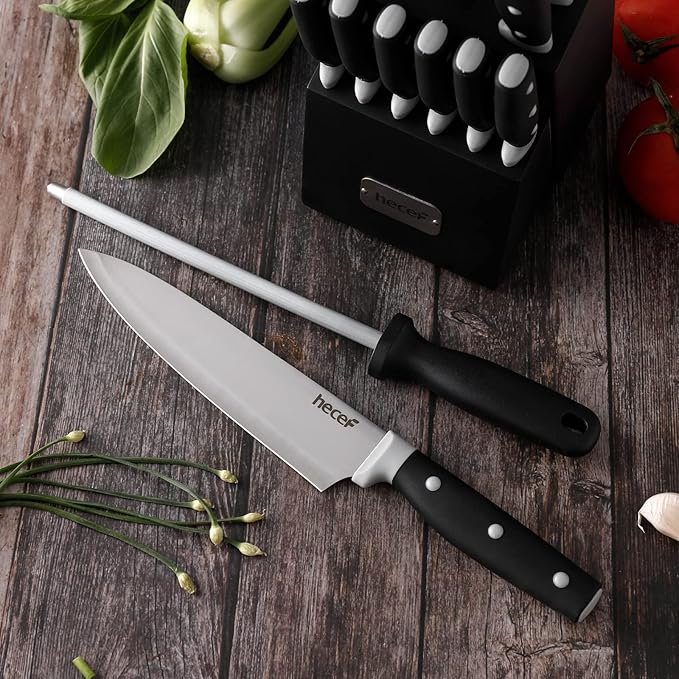 hecef Kitchen Knife Block Set, 14 Pieces Knife Set with Wooden Block & Sharpener Steel & All-purpose Scissors, High Carbon Stainless Steel Cutlery Set (Black)