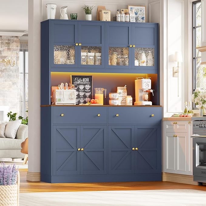 FINETONES 71" Pantry Cabinet with LED Light and Charging Station, Farmhouse Kitchen Pantry Cabinet with Microwave Stand, 47.2" Wide Kitchen Hutch Food Pantry with Open Countertop, Blue