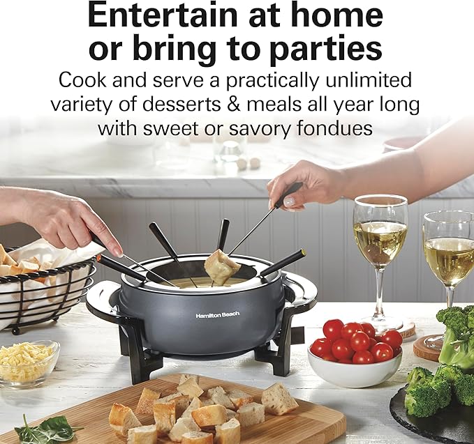 Hamilton Beach 12 Cup Electric Fondue Pot Set with Temperature Control, 6-Color Coded Forks, for Cheese, Chocolate, Hot Oil, Broth, 3 Quart PFAS-Free Nonstick Interior, Gray (86202) (Pack of 2)