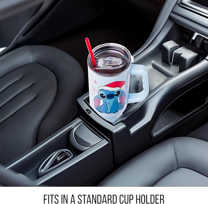 Silver Buffalo Disney Lilo and Stitch Christmas Holiday Santa Hat and Snowflakes Stainless Steel Tumbler with Handle and Straw, Fits in Standard Cup Holder, 40 Ounces