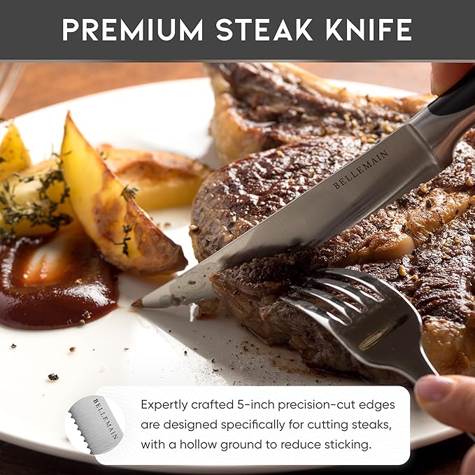 Bellemain Premium Steak Knives Set of 4, Kitchen Knife Sets with Steel Blades for Precise Cutting, Lightweight Steak Knife Set Stainless Steel & Durable, Serrated Steak Knives Dishwasher Safe