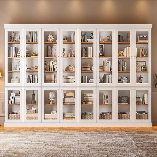 70.8" Bookshelf with Glass Doors, Farmhouse Modular Bookcase with 6-Tier Adjustable Shelves, Large Storage Cabinet for Living Room & Home Office, Set of 4, White
