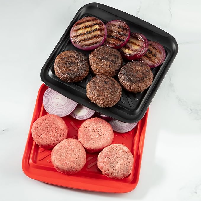 Cuisinart Grilling Prep & Serve Trays, 10.5x10.5 inch Small BBQ Tray Safe for Food Handling, 2 Dishwasher Safe Nesting Trays Black & Red, Perfect Grill Accessories for Cooked & Raw Meat, Fits 4 Burger