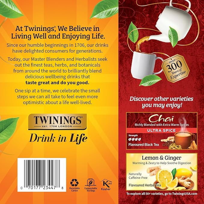 Twinings Chai Black Tea Individually Wrapped Bags, 100 Count (Pack of 1), Richly Blended with Warm Spices, Caffeinated, Enjoy Hot or Iced, 100 Teabags