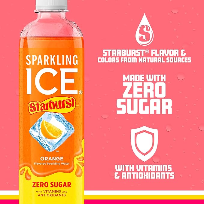 Sparkling Ice STARBURST Orange, Zero Sugar Flavored Sparkling Water, with Vitamins and Antioxidants, Low Calorie Beverage, 17 fl oz Bottles (Pack of 12).