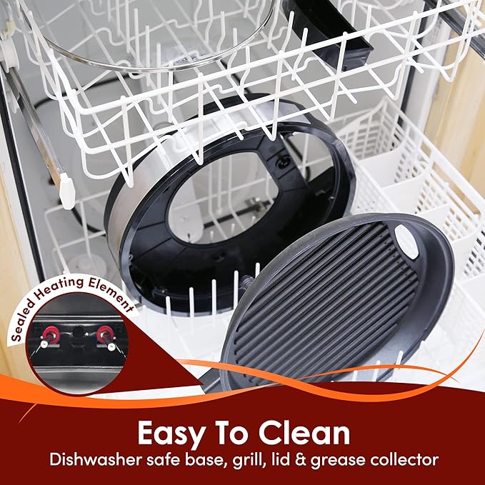 Elite Gourmet EMG6505G 12" Smokeless Indoor Electric BBQ Grill with Glass Lid Dishwasher Safe, Nonstick, Adjustable Temperature, Fast Heat Up, Low-Fat Meals Easy to Clean Design