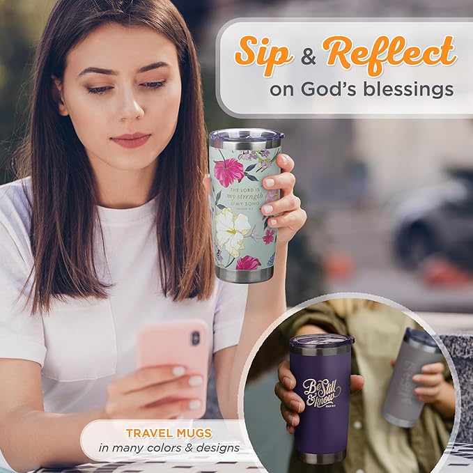 Christian Art Gifts Large Stainless Steel Scripture Travel Mug Tumbler for Women: Lord is My Strength Inspirational Bible Verse, Double Wall Vacuum Insulated w/Lid, Mint Green Multicolor Floral, 18oz.