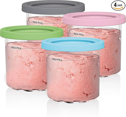 Ninja Creami Pints 4 Pack, Compatible with NC299AMZ & NC300s Series Creami Ice Cream Makers, Genuine Ninja Pint, BPA-Free & Dishwasher Safe, Color Lids, Clear/Grey/Lime/Pink/Aqua, XSKPLD4BCD