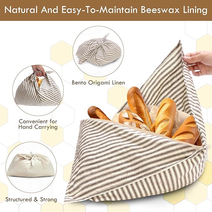 yeload 2 Pack Beeswax Bread Bags, Striped Linen Bento Bags, 14" Cotton Loaf Bag, Reusable Organic Food Storage, Sourdough Bag, Rustic Farmhouse Azuma Bukuro Origami Wrap for Baked Gifts (Beige, 2)