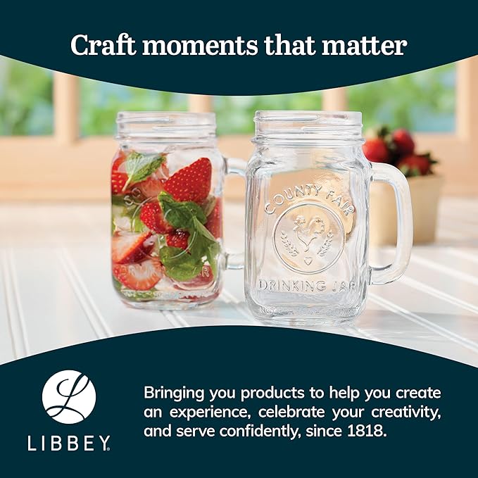 Libbey County Fair Glass Drinking Jars, 16.5-ounce, Set of 12