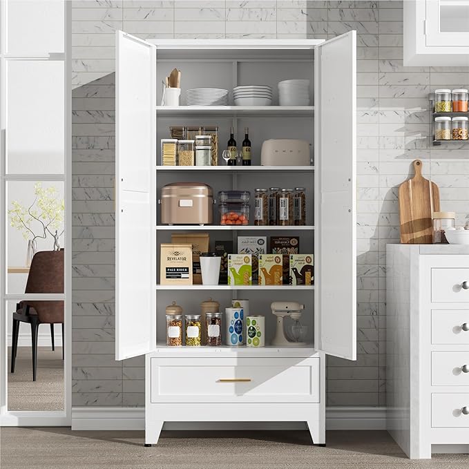 71" Tall Metal Pantry Storage Cabinet with Drawer and Adjustable Shelves, Freestanding Kitchen Cupboard Storage Cabinet for Kitchen,Dining Room, Living Room, White