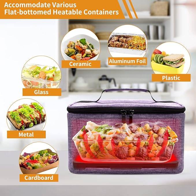 Aotto Portable Oven Electric Lunch Box Food Heater - 12V/24V 2-in-1 Car Food Warmer, Heated Lunch Box for Adults, Cook, Reheat, and Keep Meals Warm for Car, Truck, Travel - Purple