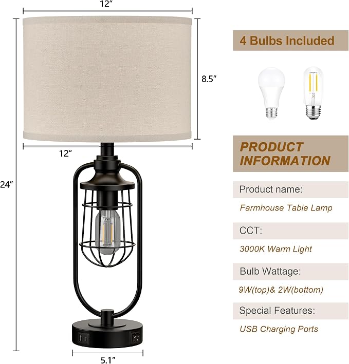 24" Farmhouse Table Lamps for Living Room Set of 2, Industrial Bedside Lamp for - Image 6