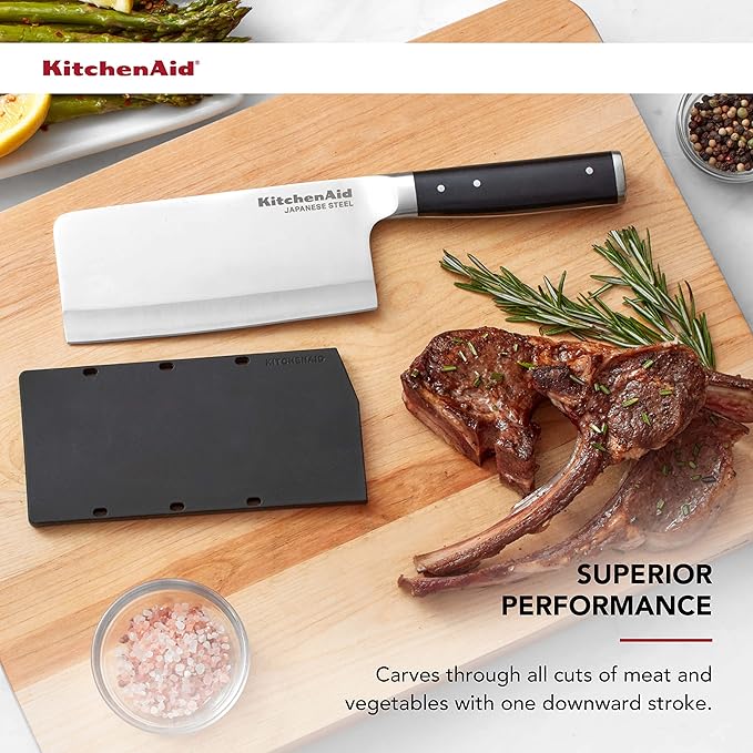 KitchenAid Gourmet Forged Triple Rivet Cleaver Knife with Custom Fit Blade Cover, 6 inch, Sharp Kitchen Knife, High Carbon Japanese Stainless Steel Blade, Meat Cleaver, Black