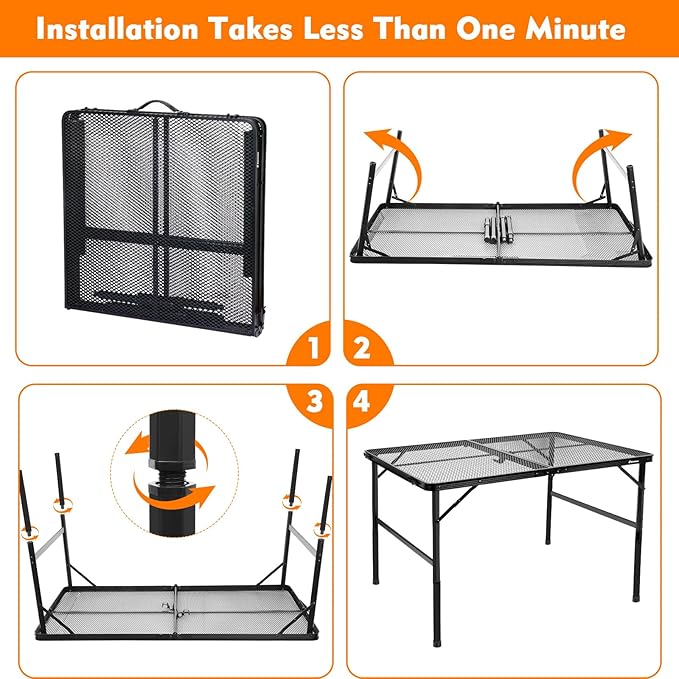 4 ft Folding Table with Adjustable Height (16.5" & 26"), Black Metal Mesh Table with Carry Handle, Portable for Outdoor BBQ, Grill, Family Gathering & Prep, Fits 4–8 People, 8.8 lb, Supports 66 lb