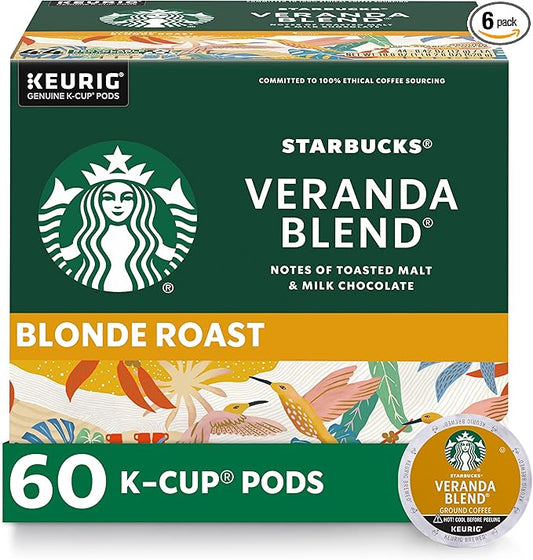Starbucks K-Cup Coffee Pods, Starbucks Blonde Roast Coffee, Veranda Blend for Keurig Brewers, 100% Arabica, 6 boxes (60 pods total)