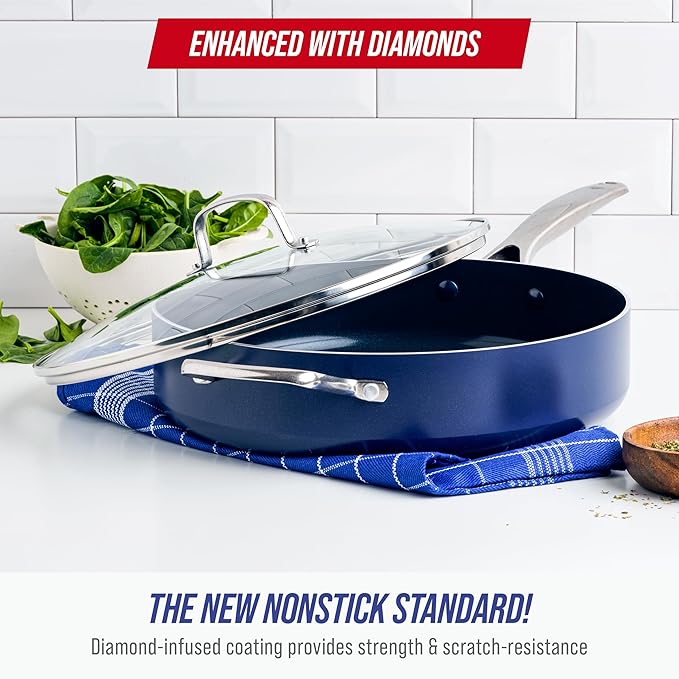 Blue Diamond 5QT Saute Pan with Lid, Non Toxic PFAS-Free Diamond Ceramic Nonstick, Dishwasher & Oven Safe, Metal Utensil Safe, Deep Jumbo Cooker Skillet with Helper Handle, Glass Lid, Blue
