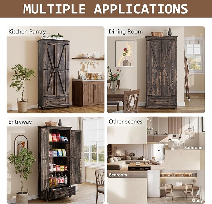 Farmhouse Kitchen Pantry Cabinet, 72" Tall Storage Cabinet with Adjustable Shelves & Barn Doors, Freestanding Kitchen Cupboard for Dining Room, Living Room, Dark Rustic Oak