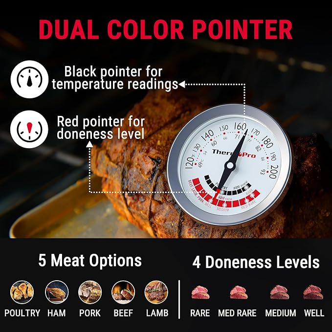 ThermoPro APT200 Meat Thermometer for Cooking with Extra-Large 2-Inch Dial, Analog Dial Food Cooking Thermometer with 5.1" Stainless Steel Probe for Poultry, Ham, Pork, Beef Candy Making Accessory