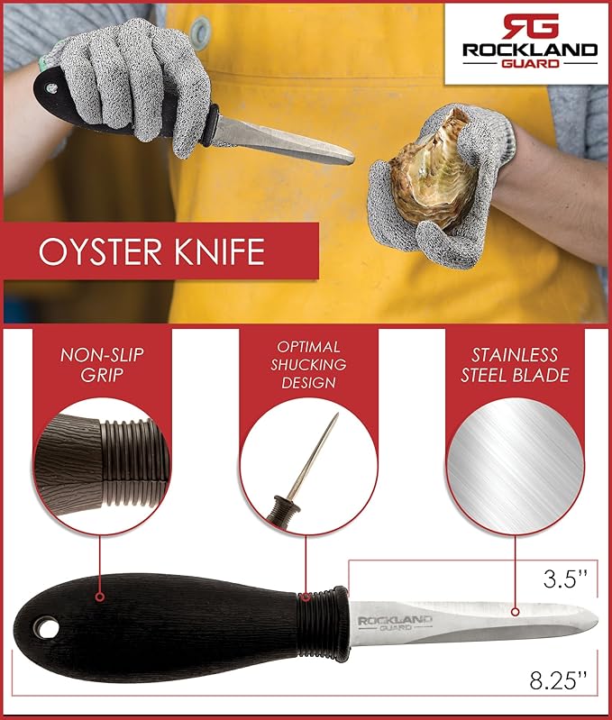 Rockland Guard Professional Oyster Shucking Knife Set - Includes 3.5" Stainless Steel Oyster Shucker with Non-Slip Handle & Bent Tip, Kitchen Cutting Gloves - Food-Grade, Dishwasher-Safe Seafood Tools Set - Large