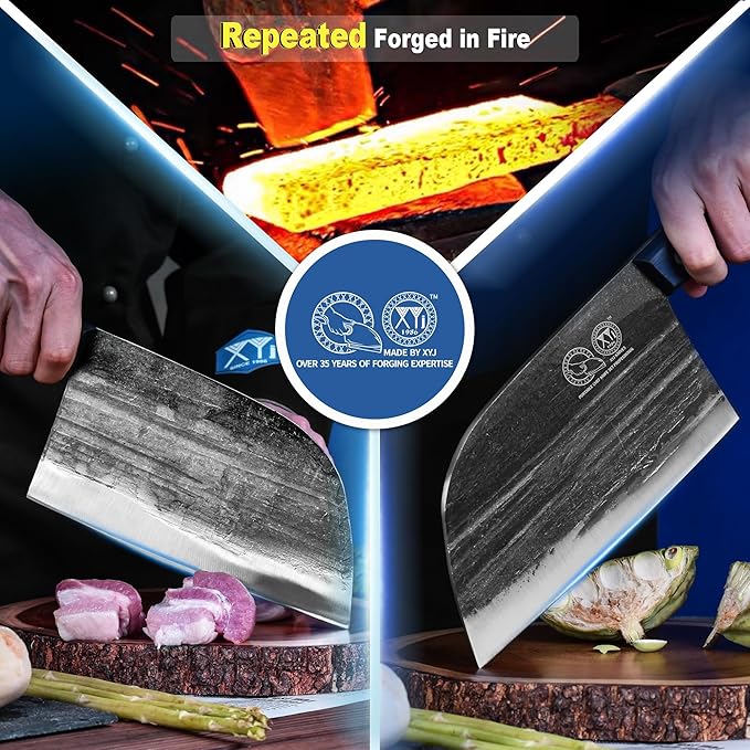 XYJ Authentic Since 1986,Ancient Forged Butcher Knives,Serbian Chef Knife With Sheath,Tiny Knife,Chinese Vegetable Meat Cleaver For Kitchen Camping Outdoor,Full Tang,High Carbon Steel (7.5 inch)