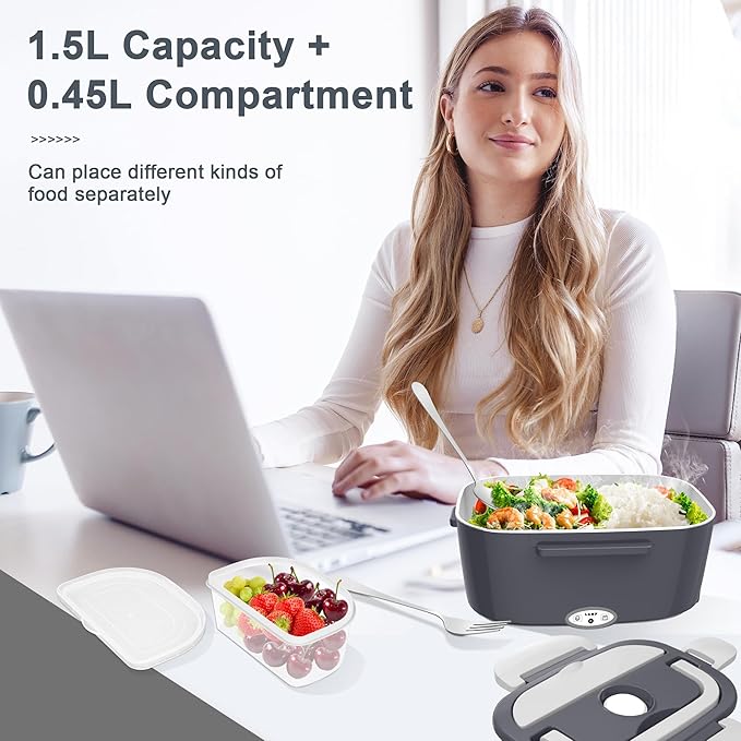 Electric Heated Lunch Boxes Adults: 80W Electric Lunch Box Food Heated 12/24/110V 1.5L Heatable Lunch Box for Car/Truck/Office Leak-Proof Stainless Steel Container, Fork & Spoon, Bag (Dark Grey)