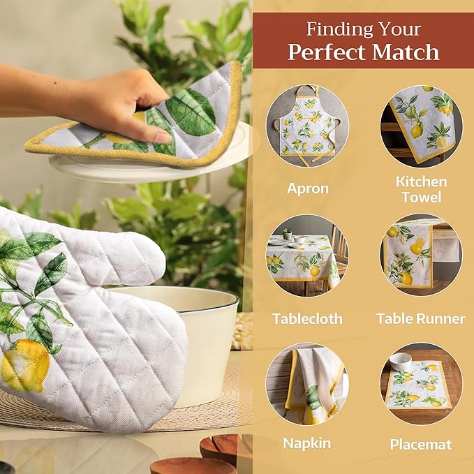 Maison d' Hermine Oven Gloves 100% Cotton Oven Mitt 7" x 13" with Loop Heat Resistant, BBQ, Cooking Gloves, Baking, Grilling, Kitchen, Handling Hot Pans Spring/Summer (Pack of 1, Limoncello)