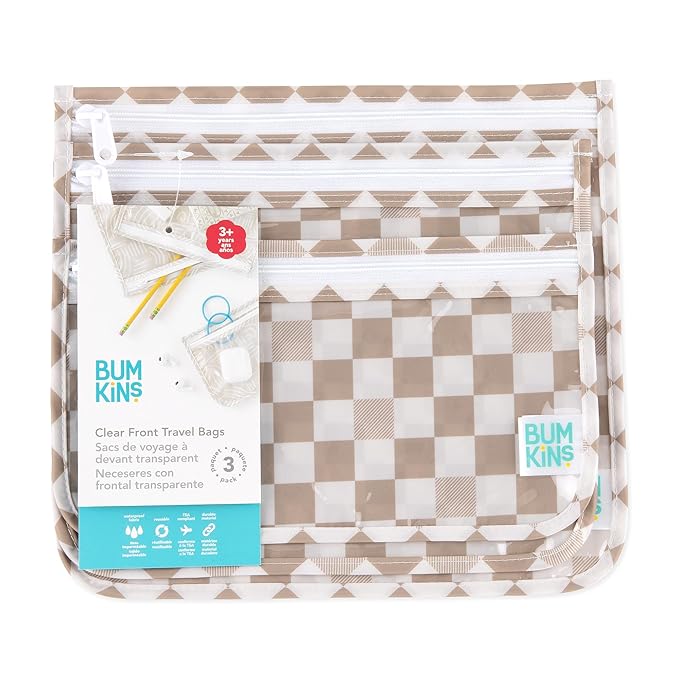 Bumkins Travel Bag, Toiletry, TSA Approved Pouch, Zip Bag, Quart Size Airline Compliant, Clear-Sided, Baby, Diaper Bag Organization, Makeup, Accessories, Packing, Set of 3 Sizes, Beige Check