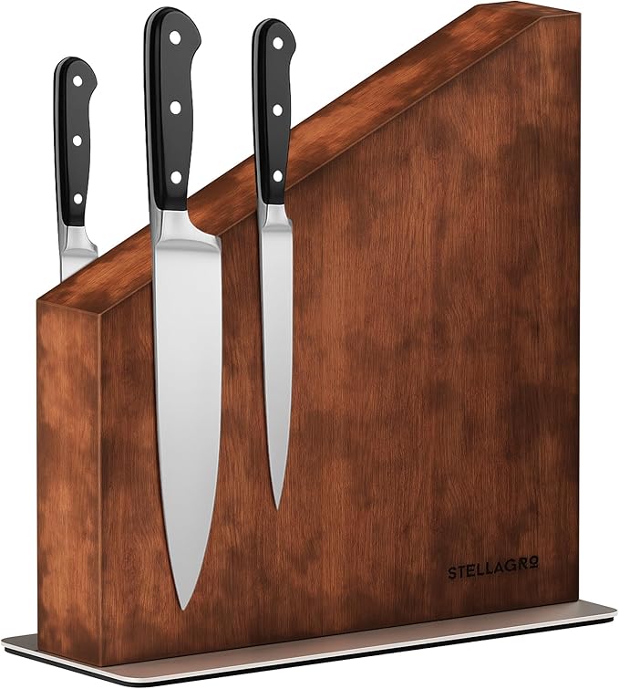 Magnetic Knife Block Without Knives, Double-Sided Wooden Knife Block Stand with Strong Magnets & Anti-Slip Base, Kitchen Knife Storage Rack, Brown