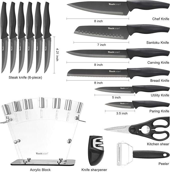 Wanbasion 16pcs Black Kitchen Knife Set with Block, Stainless Steel Knives Set for Kitchen, Professional Chef Knife Sets for Kitchen with Sharpener Acrylic Block